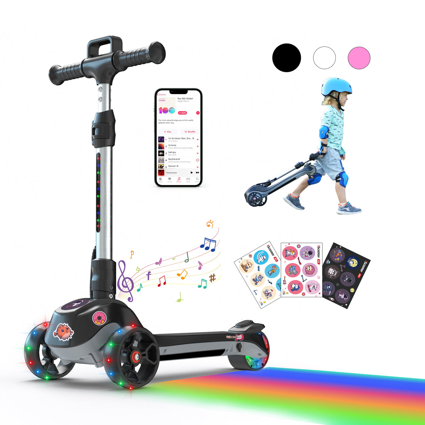 iScooter® iK2 Patinete Eléctrico para Niños con Altura Ajustable y Ruedas Luminosas